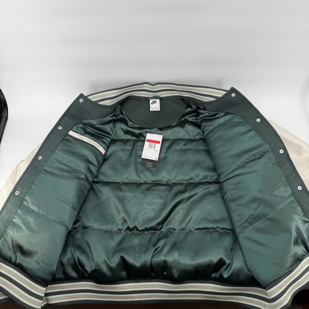 NWT Nike Destroyer Varsity Bomber Jacket Leather Green Cream $500 Retail Wmns L - Picture 5 of 16
